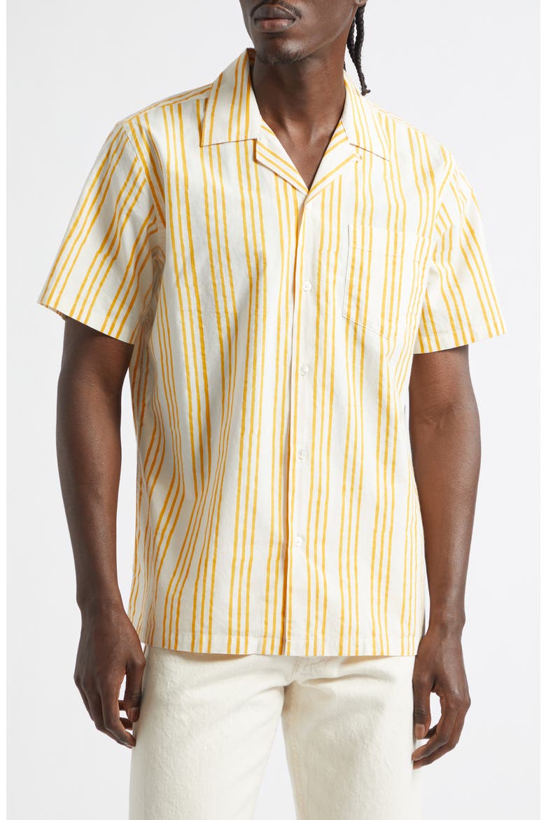 Print Triple Stripe Cotton Camp Shirt, Main, color, OFF WHITE/ YELLOW
