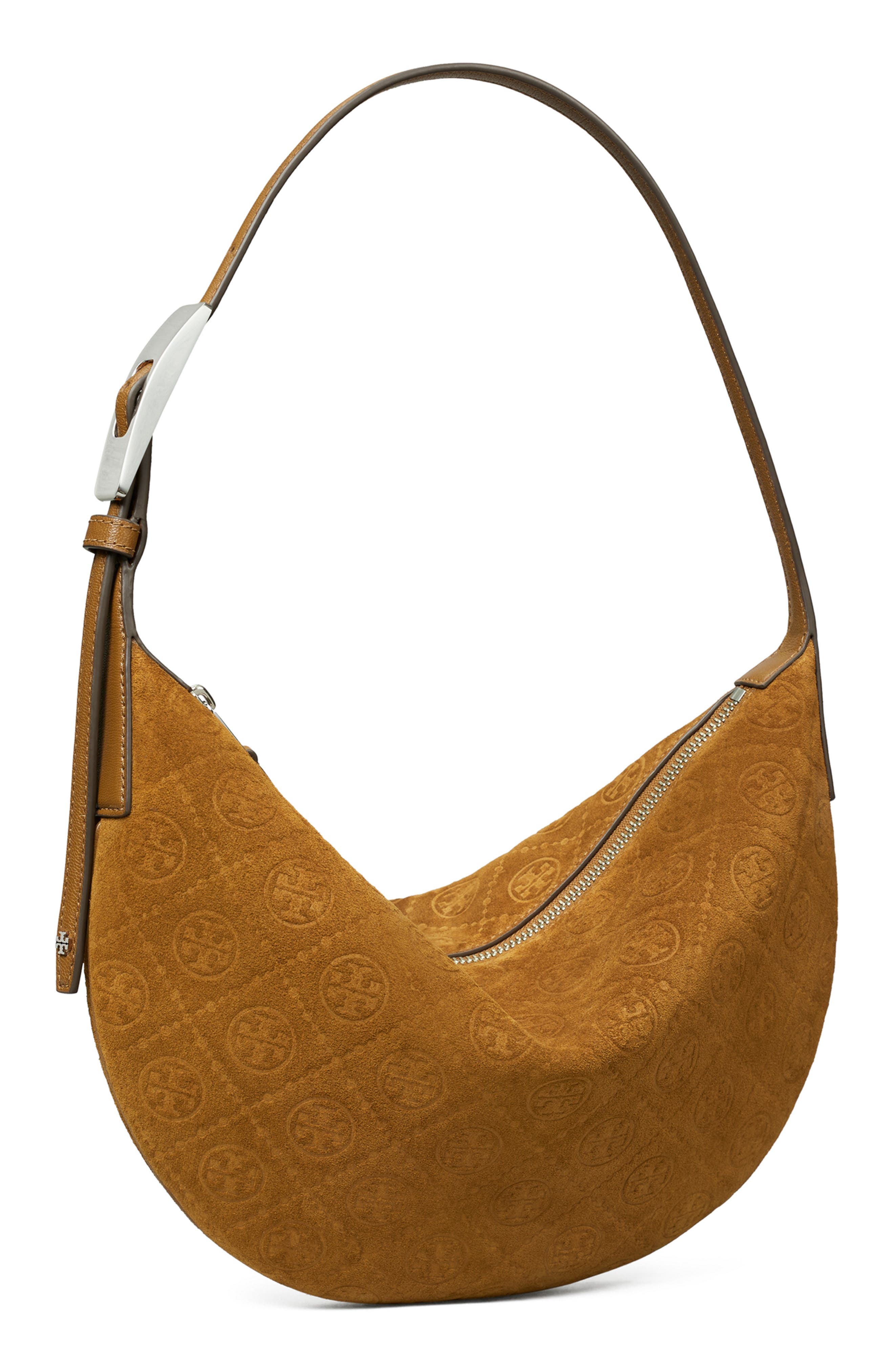 Tory Burch Small T Monogram Suede Balloon Bag, Alternate, color, Chicory Brown