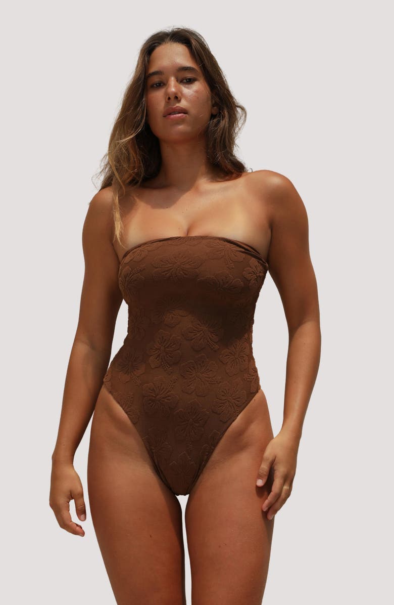 Stone Fox Swim Paola Macramé Strapless One-Piece Swimsuit, Alternate, color, Coconut Oil Hibiscus Toweling