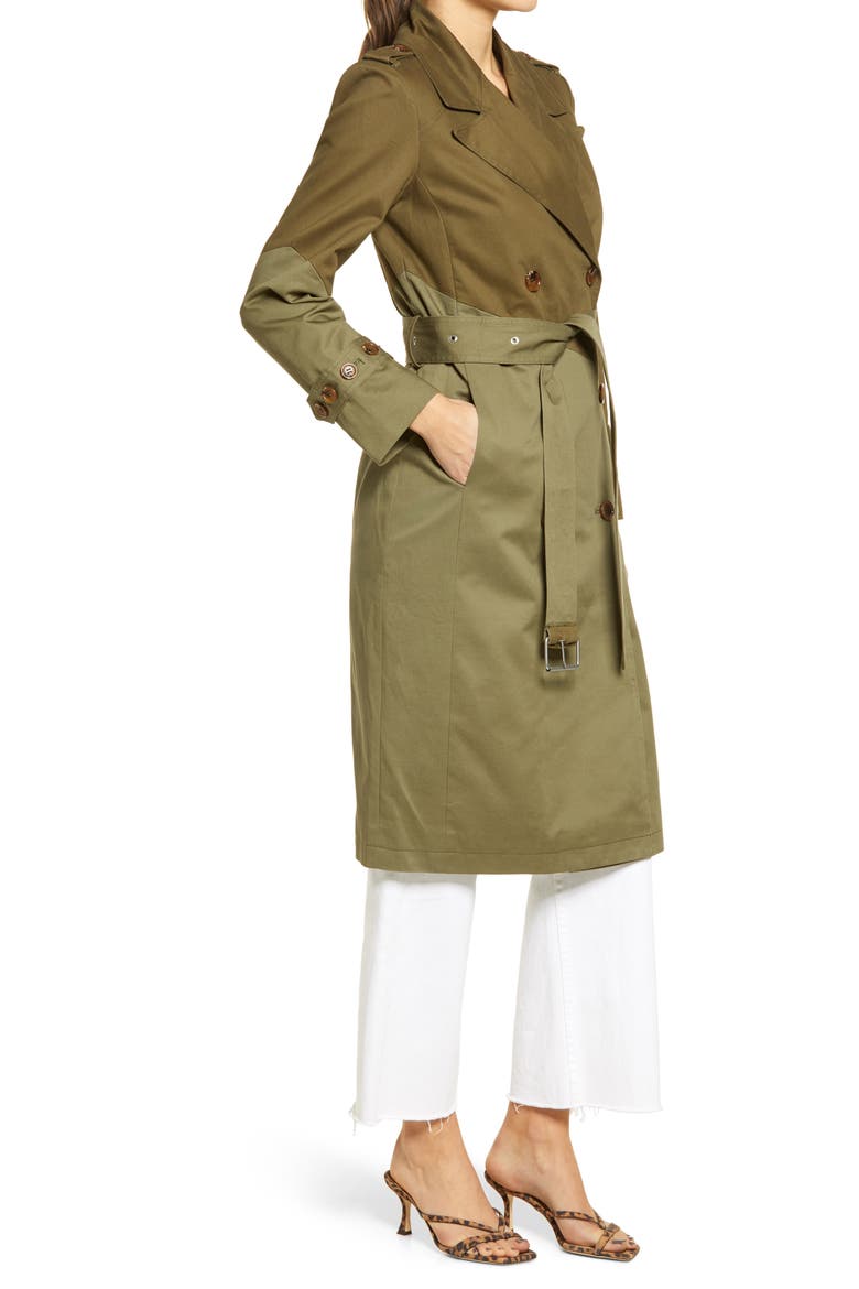 Pieced Colorblock Trench Coat, Alternate, color, TWO-TONE GREEN DUNE