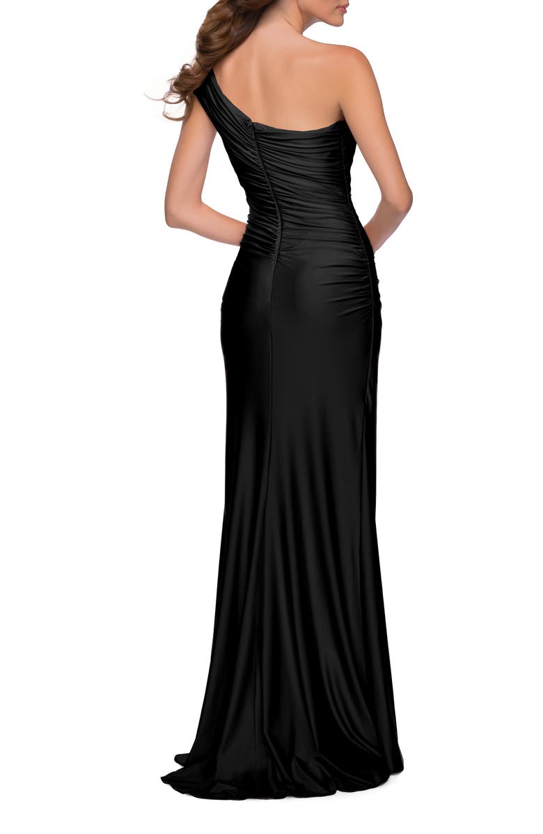 La Femme One Shoulder Shiny Ruched Jersey Dress with Slit, Alternate, color, Black