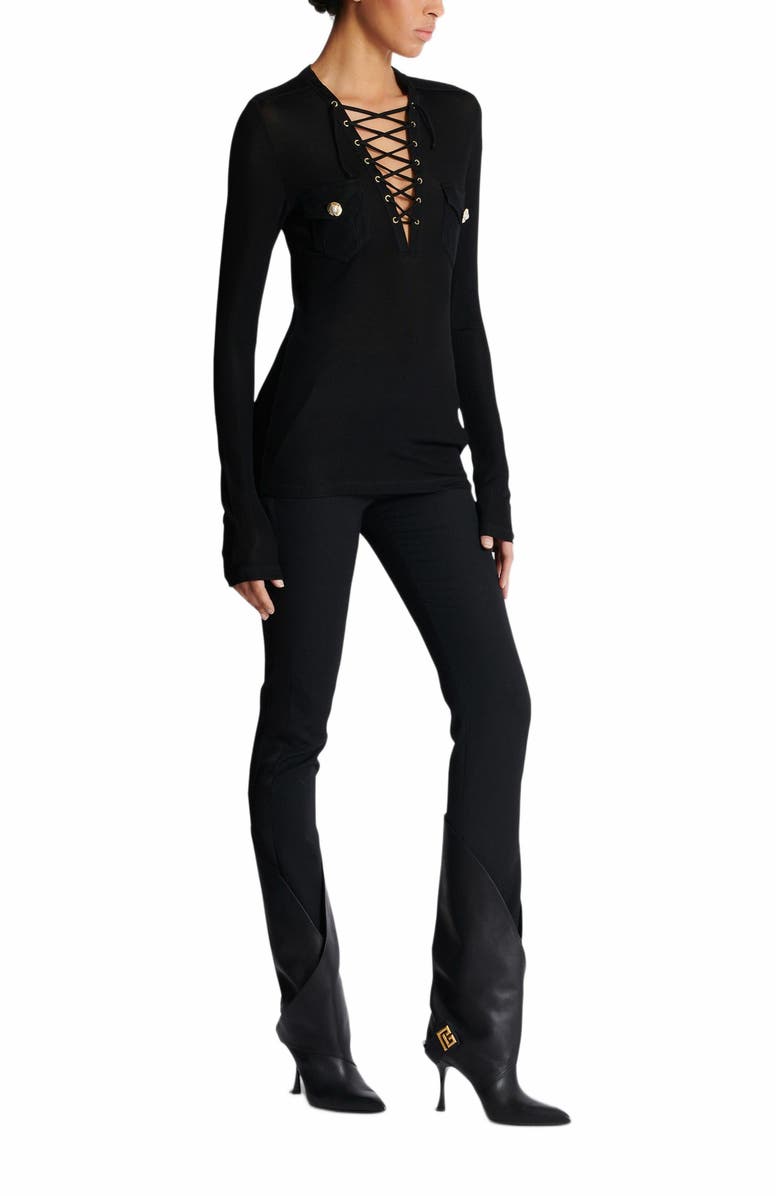 Balmain Long-Sleeved Lace-Up Top, Main, color, Black