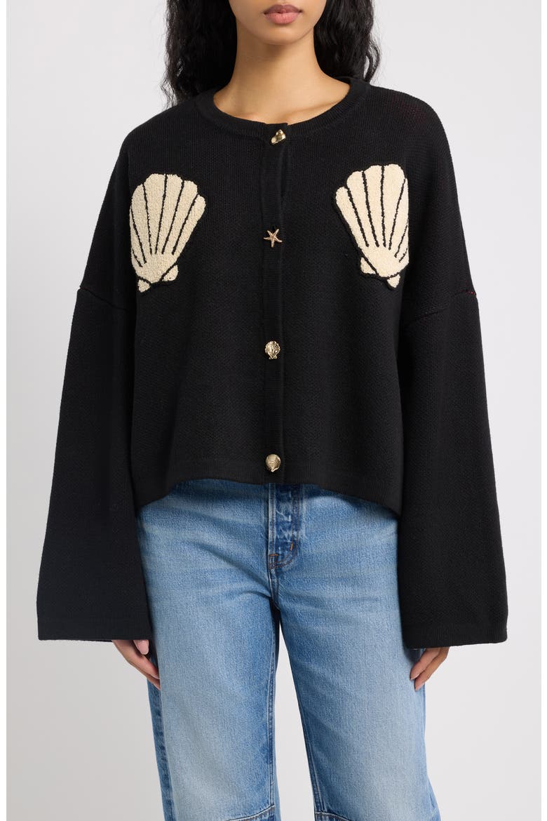 Sea You Later Boxy Seashell Cardigan, Main, color, BLACK SEASHELL