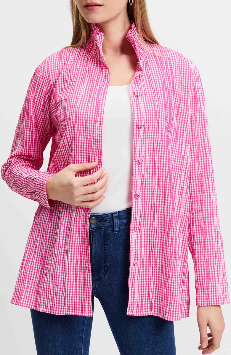Foxcroft Carolina Gingham Crinkle Cotton Blend Button-Up Shirt, Main, color,