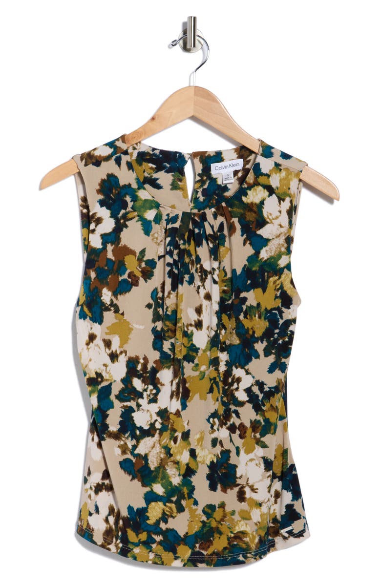 Calvin Klein Pleated Neck Sleeveless Top, Alternate, color, Latte Multi