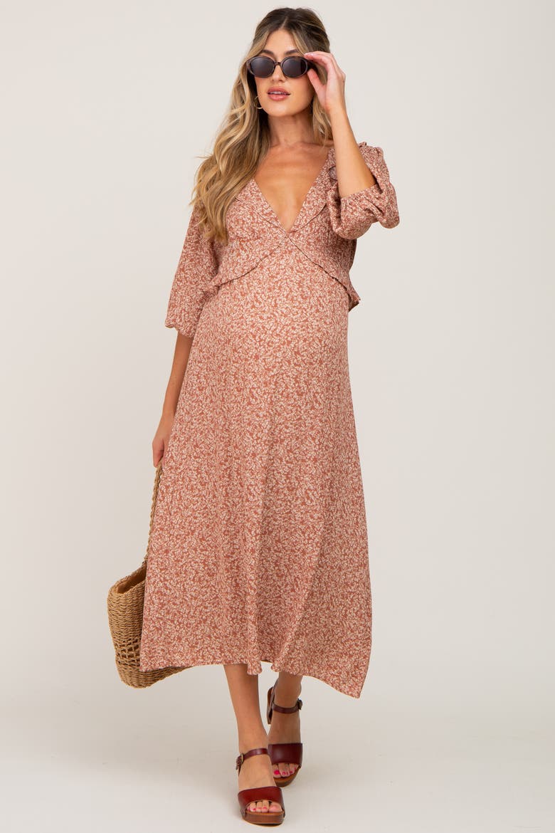 Floral Ruffle V-Neck Midi Dress, Main, color, Rust