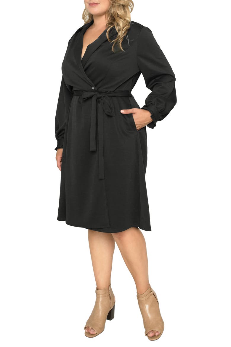 Notched Lapel Long Sleeve Crepe Wrap Dress, Alternate, color, BLACK