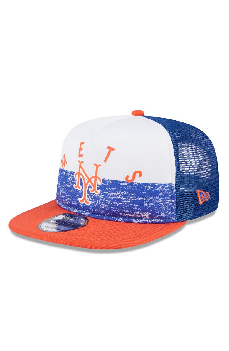 New Era Men's New Era White/Orange New York Mets Team Foam Front A-Frame Trucker 9FIFTY Snapback Hat, Main, color, White