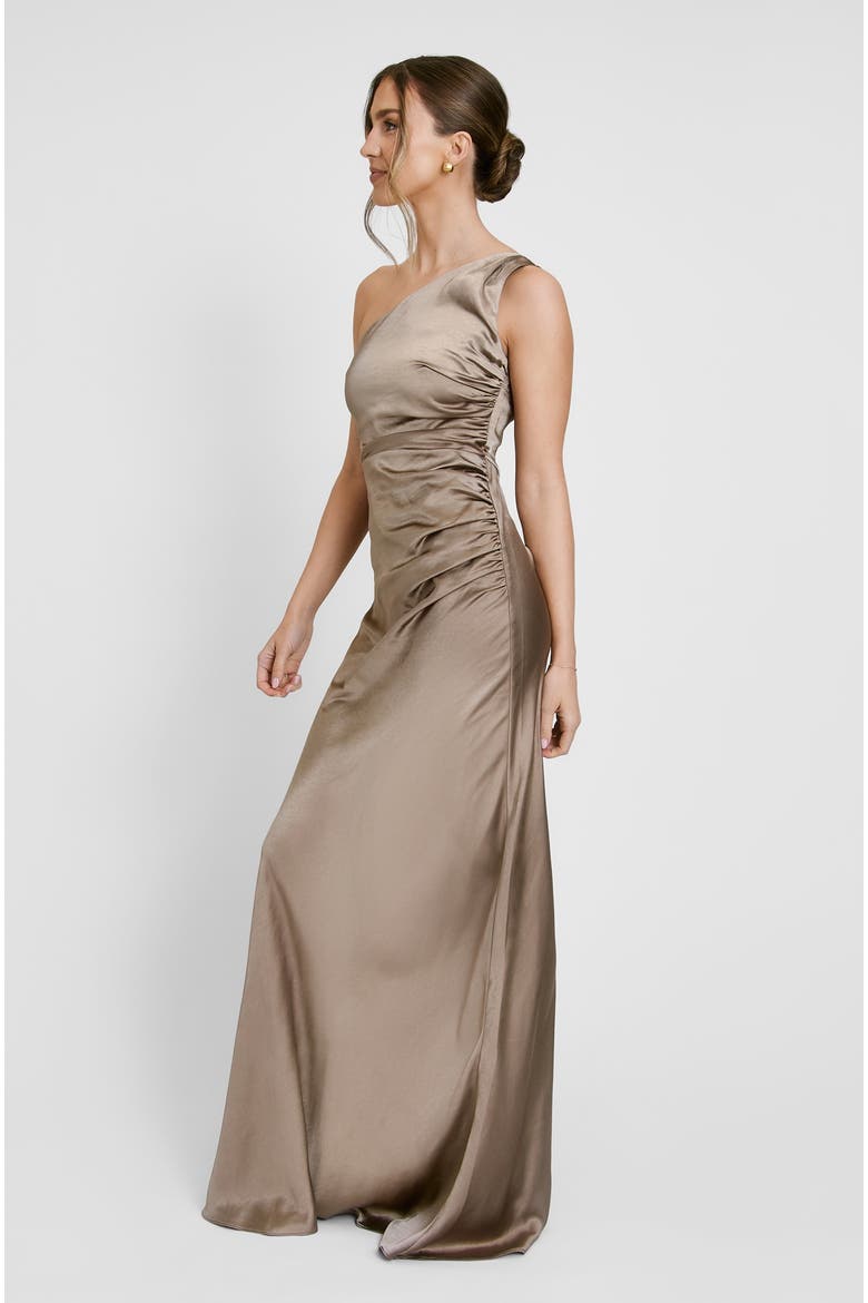 One Shoulder Gathered Bridesmaid Dress, Alternate, color, Truffle