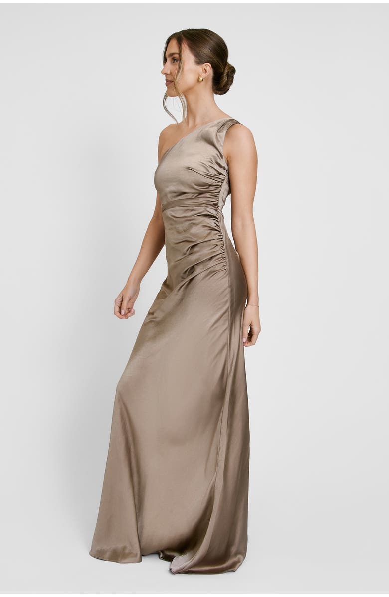 Six Stories One Shoulder Gathered Bridesmaid Dress, Alternate, color, Truffle