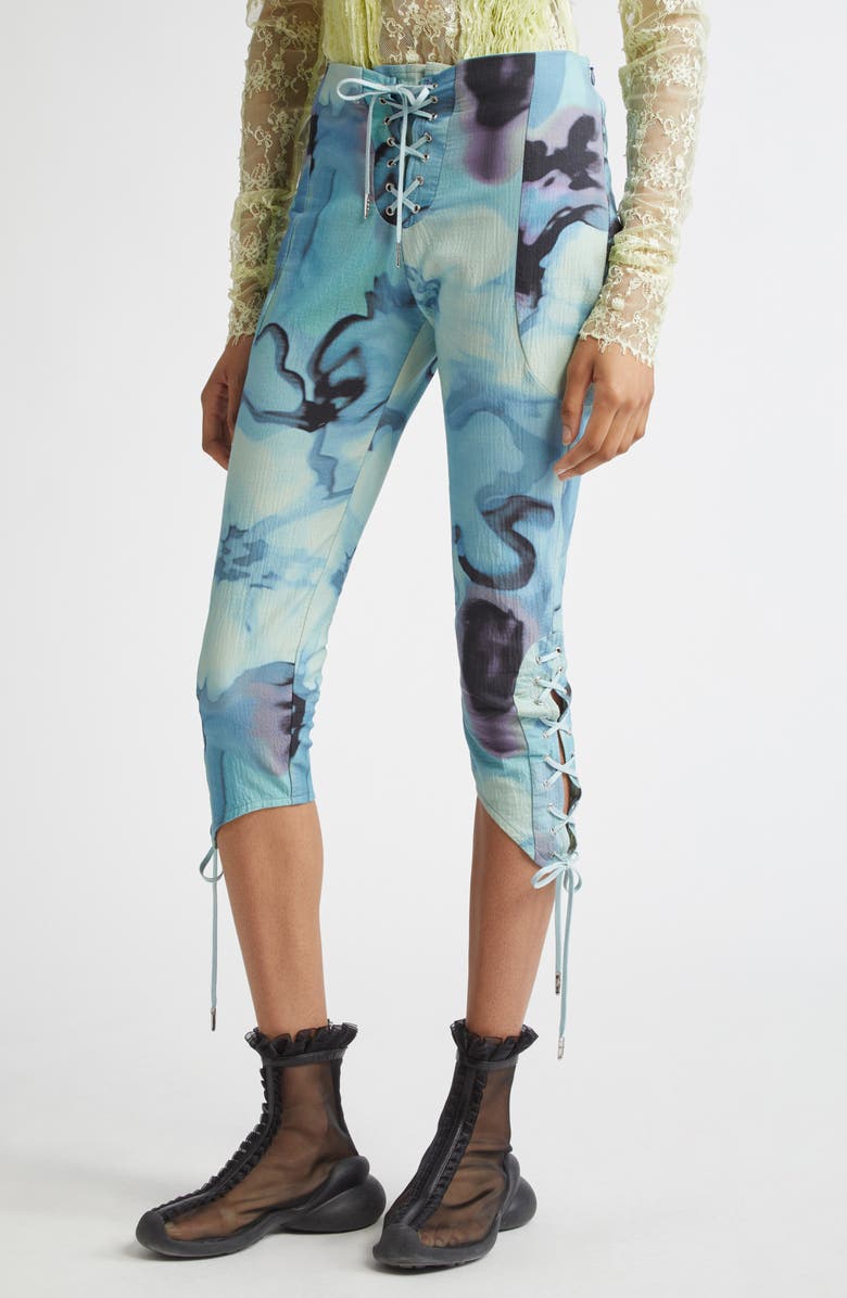 Collina Strada Baneberry Lace-Up Organic Cotton Capri Pants, Alternate, color, Sky Watercolor Floral