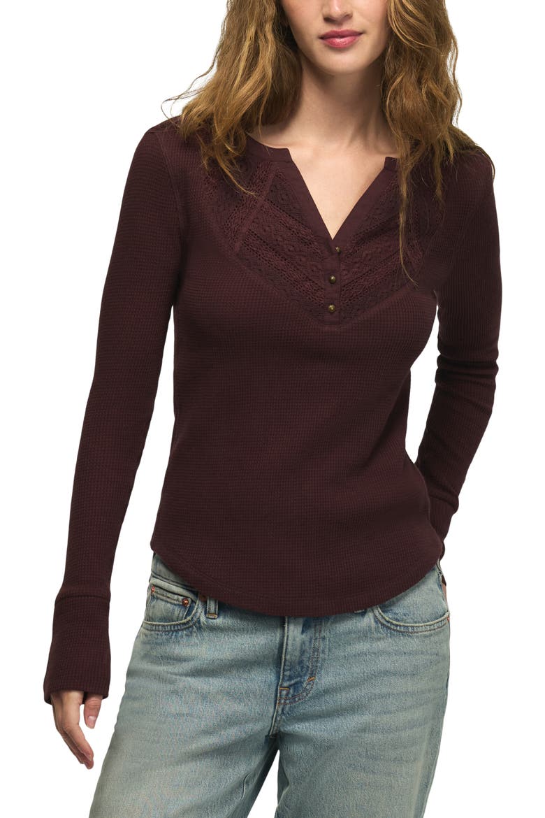 Lace Trim Waffle Stitch Henley Top, Main, color, FUDGE