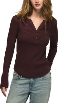 Lucky Brand Lace Trim Waffle Stitch Henley Top