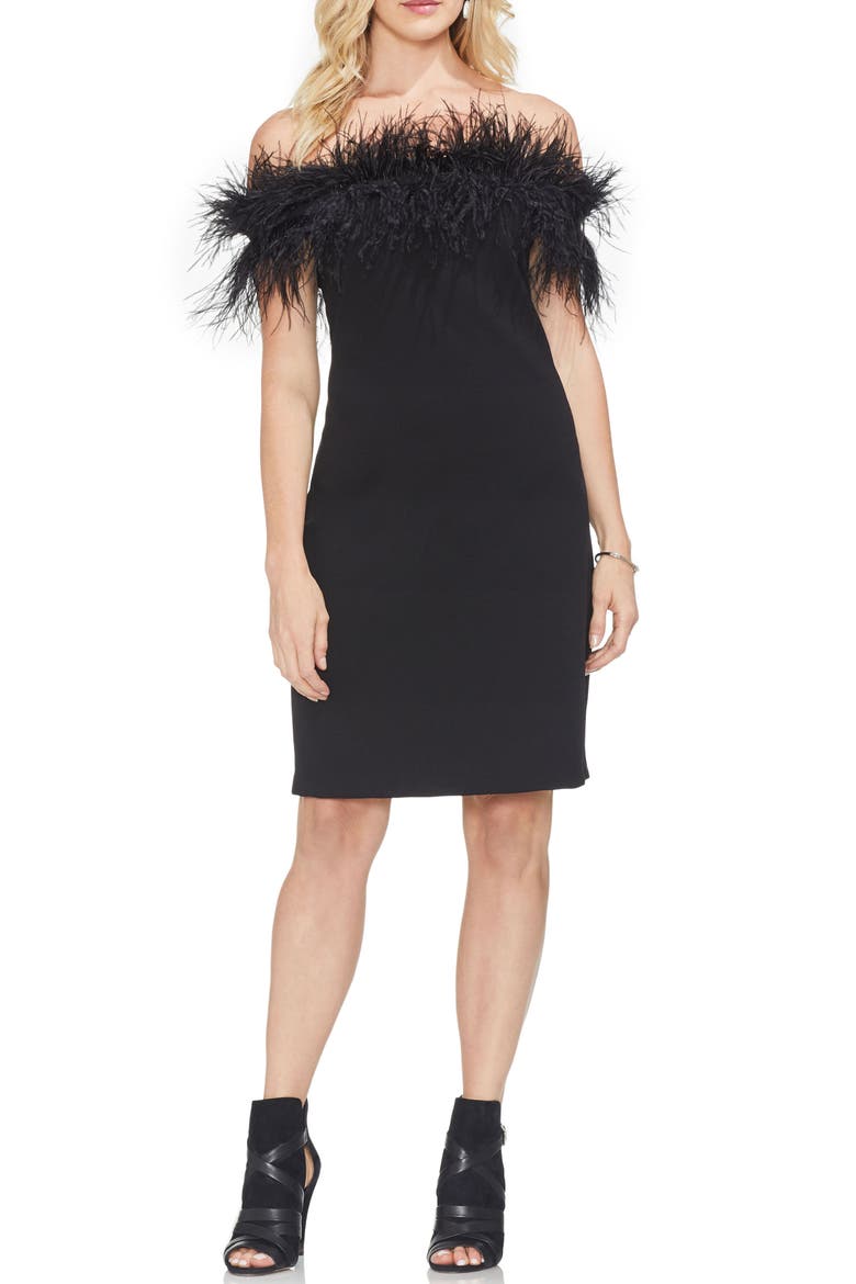 Feather Trim Off the Shoulder Dress, Alternate, color, RICH BLACK