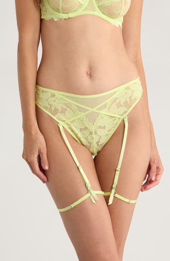 Hunkemoller Hunkemöller Ingrid High Waist Mesh & Lace Panties With Garter Straps In Green