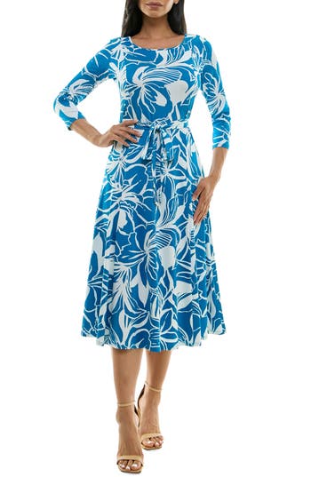 Shop Nina Leonard Crewneck Three-quarter Sleeve Midi Dress In Jaybird/white