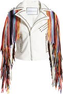 AZALEA WANG Rainbow Fringe Stud Detail Faux Leather Moto Jacket