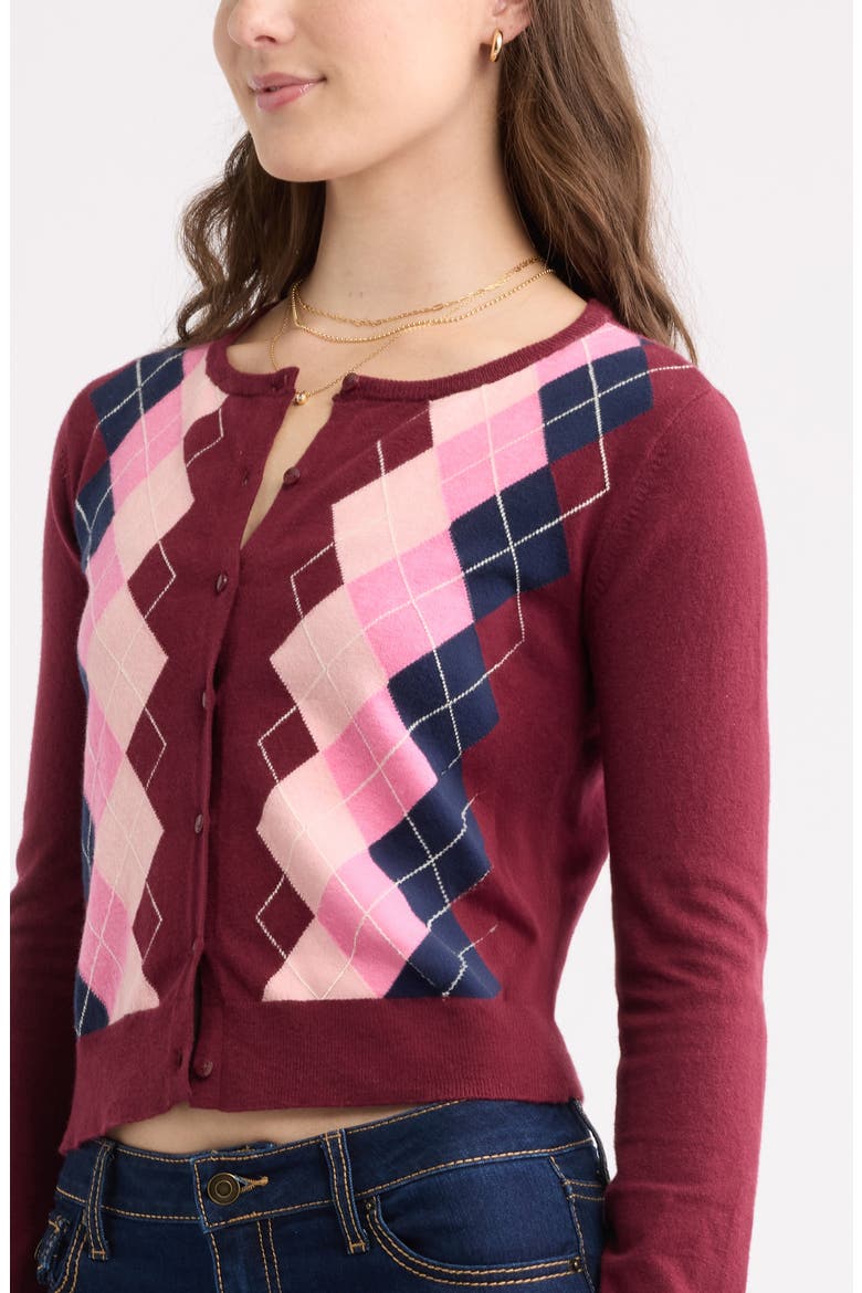 Crewneck Cotton Blend Cardigan, Alternate, color, BURGUNDY ARGYLE