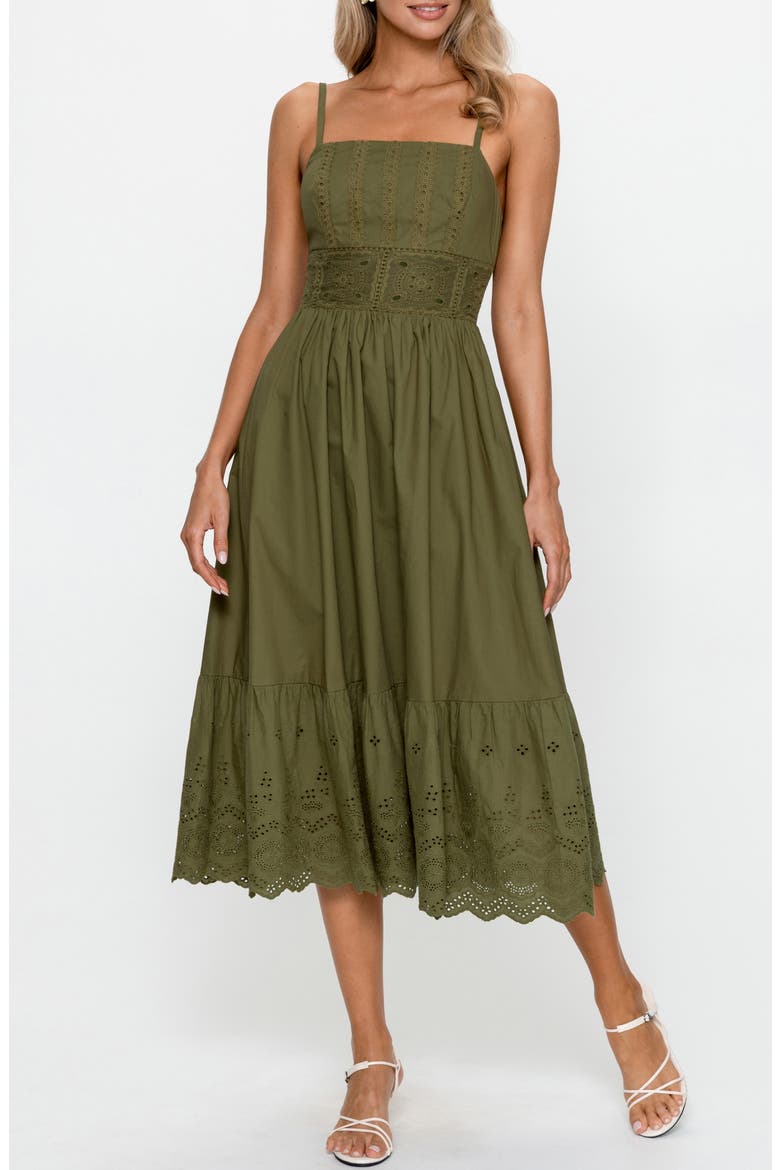 Embroidered Sleeveless Cotton Midi Dress, Main, color, KHAKI / BROWN