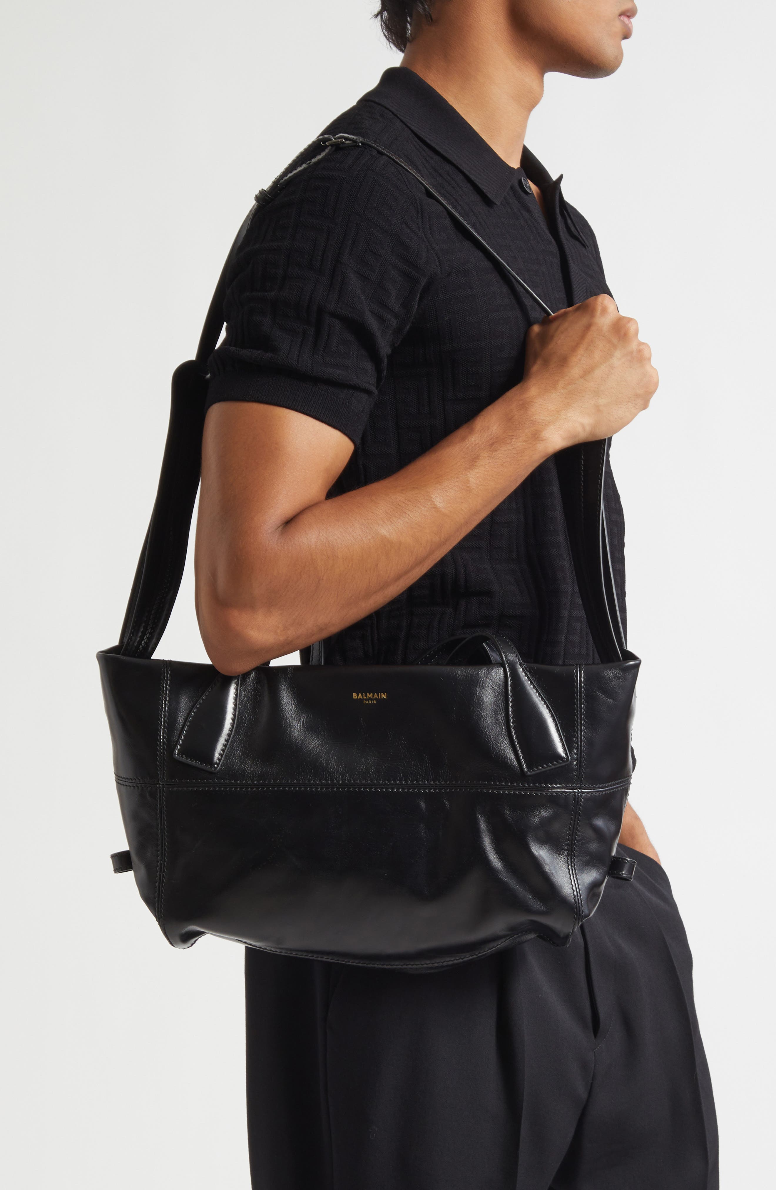 Balmain Small Track Shiny Leather Tote, Alternate, color, Black