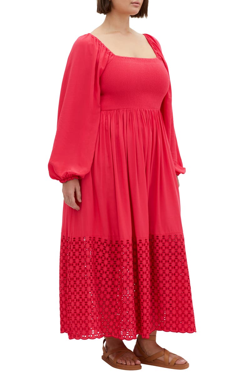 City Chic Kaya Smocked Long Sleeve Maxi Dress, Alternate, color, Crimson