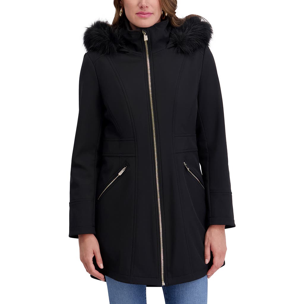Kensie Faux Fur Trim Hooded Parka In Black
