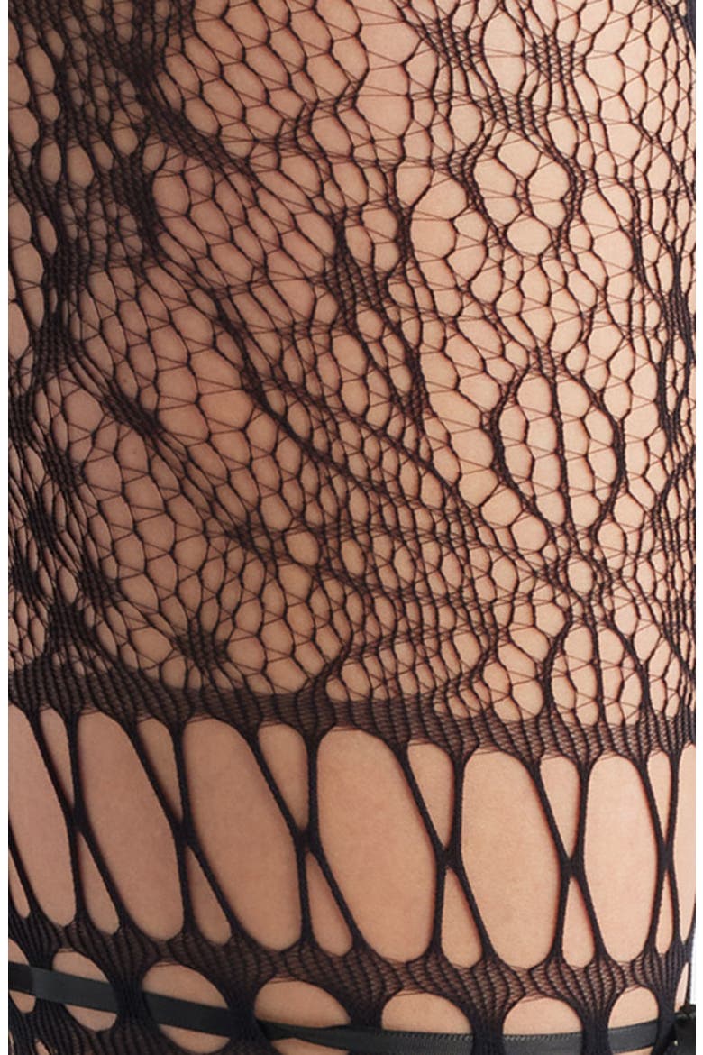 Chevonne Satin Ribbon Lace Fishnet Tights, Alternate, color, BLACK