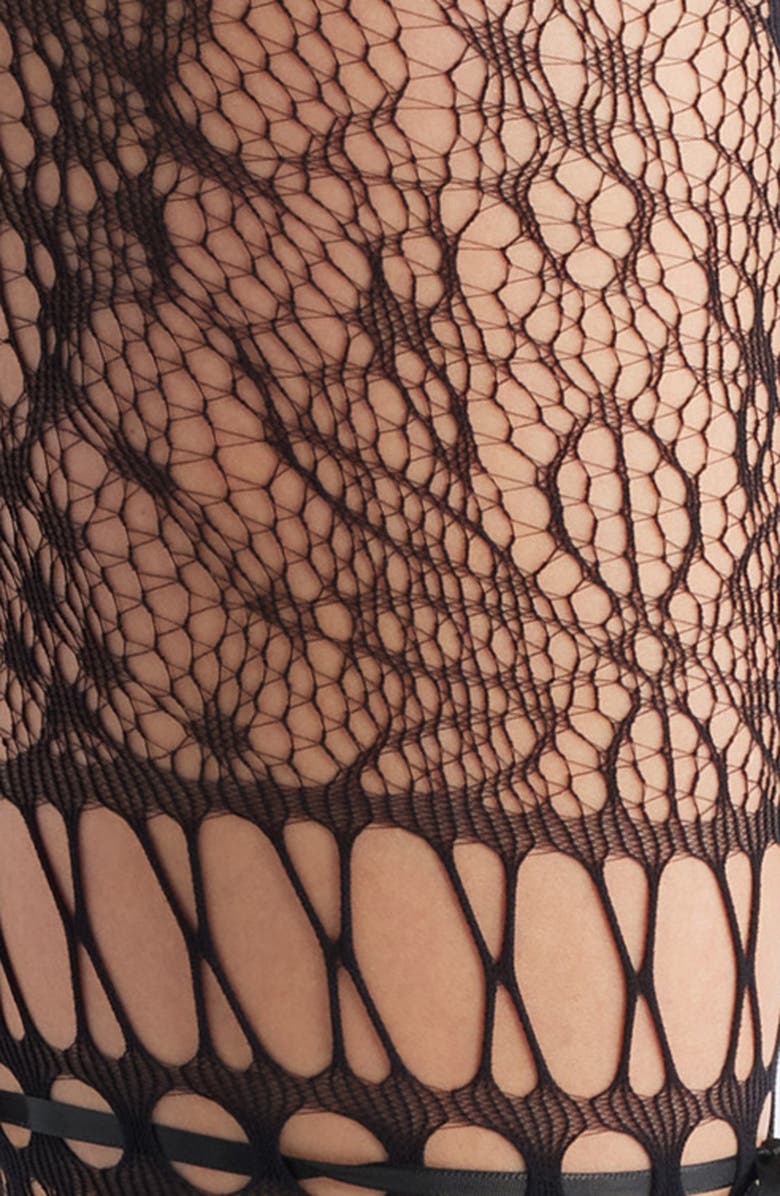 HIGH HEEL JUNGLE Chevonne Satin Ribbon Lace Fishnet Tights, Alternate, color, Black