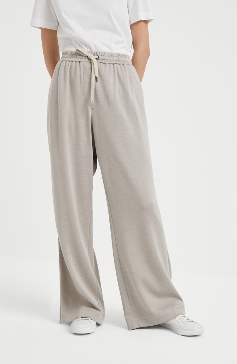 Brunello Cucinelli Comfort cotton and silk interlock wide trousers with precious stripe, Alternate, color, 