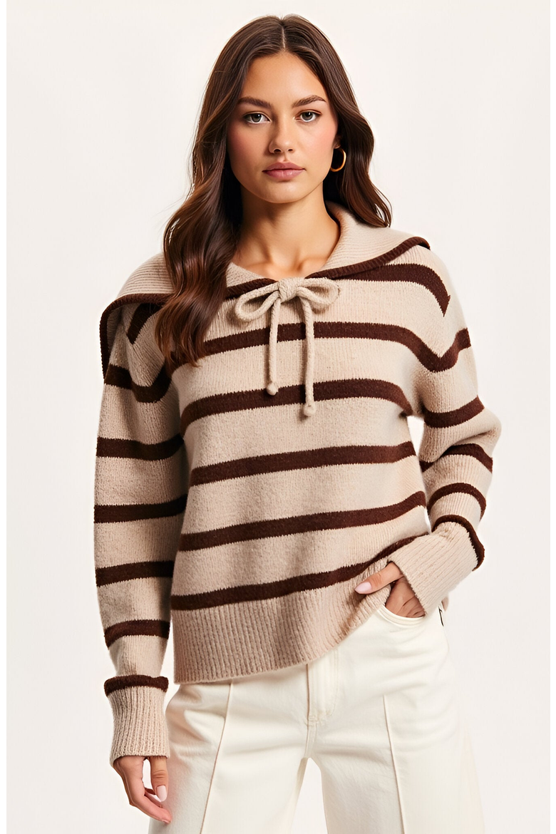 Striped Crewneck Sweater with Sailor Collar and Front Tie Detail, Main, color, Beige / Brown Stripes