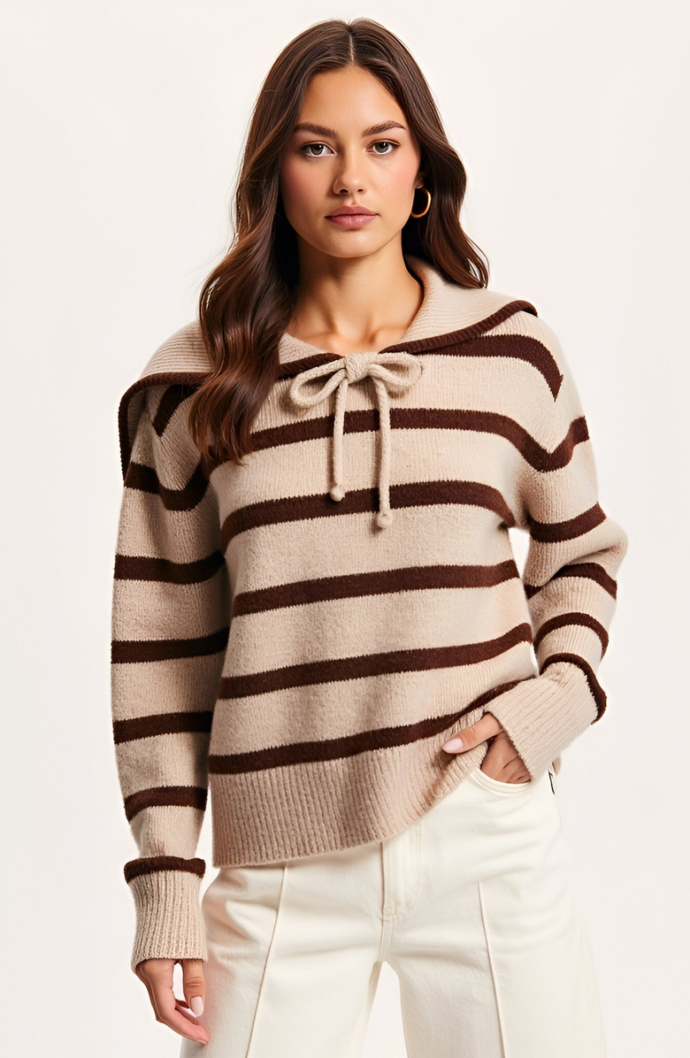 Modenaire Striped Crewneck Sweater with Sailor Collar and Front Tie Detail, Main, color, Beige / Brown Stripes
