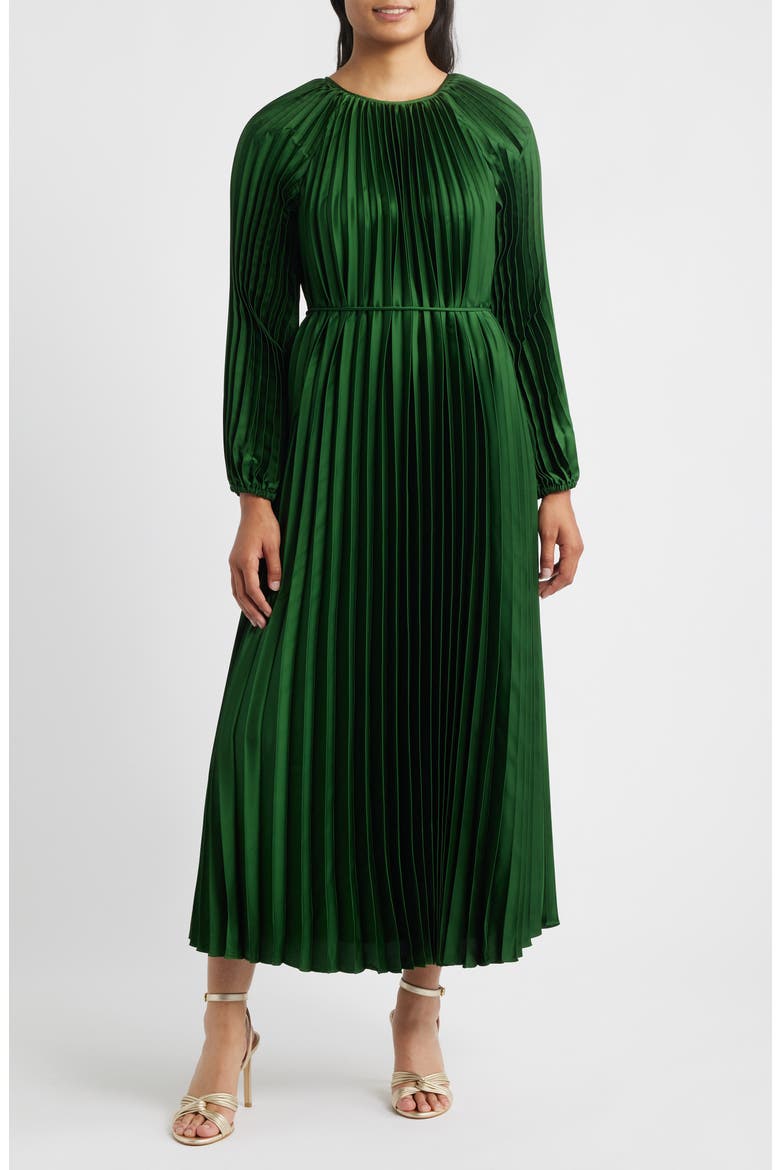 Pleated Long Sleeve Satin Midi Dress, Main, color, GREEN