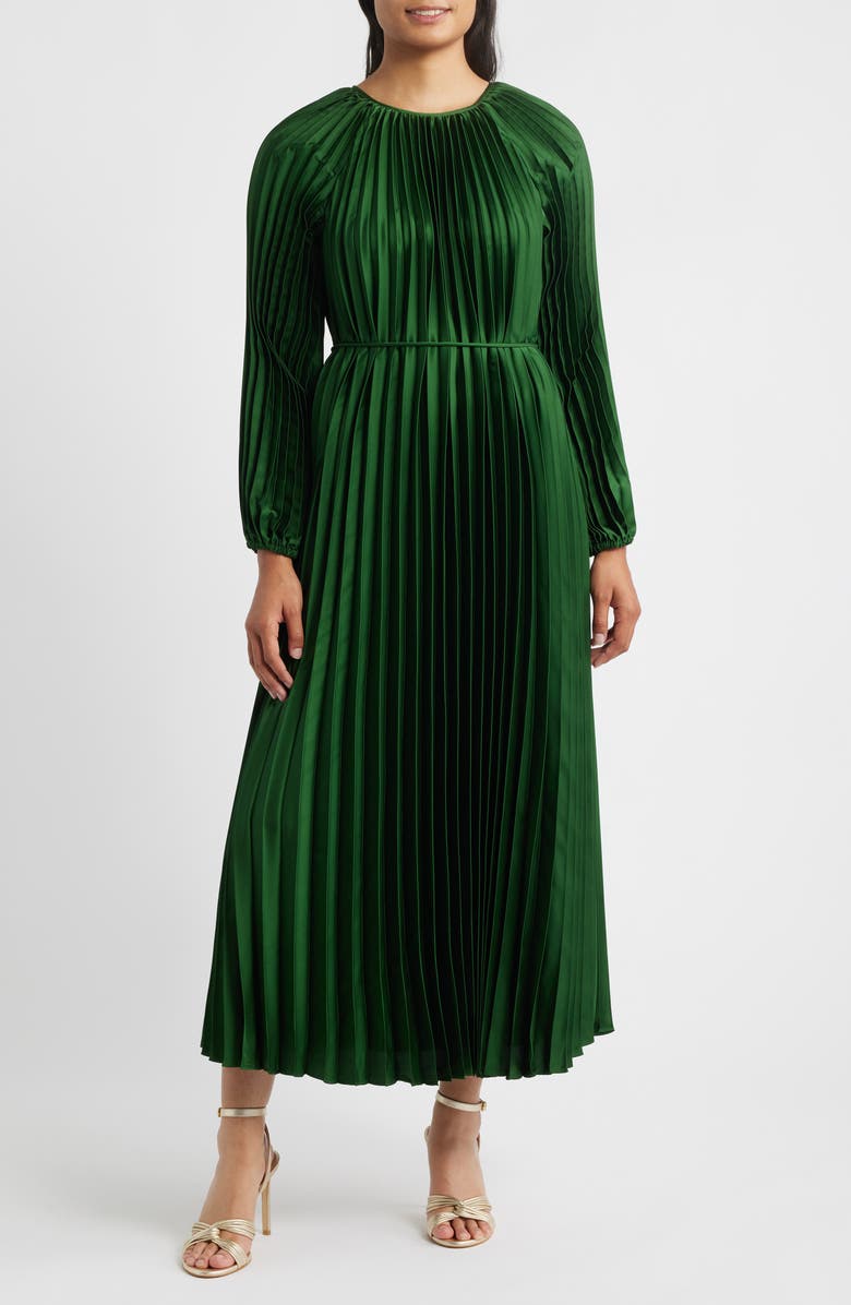 Julia Jordan Pleated Long Sleeve Satin Midi Dress, Main, color, Green