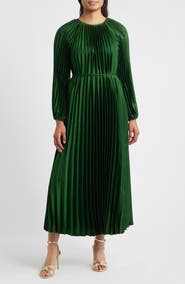 Julia Jordan Pleated Long Sleeve Satin Midi Dress