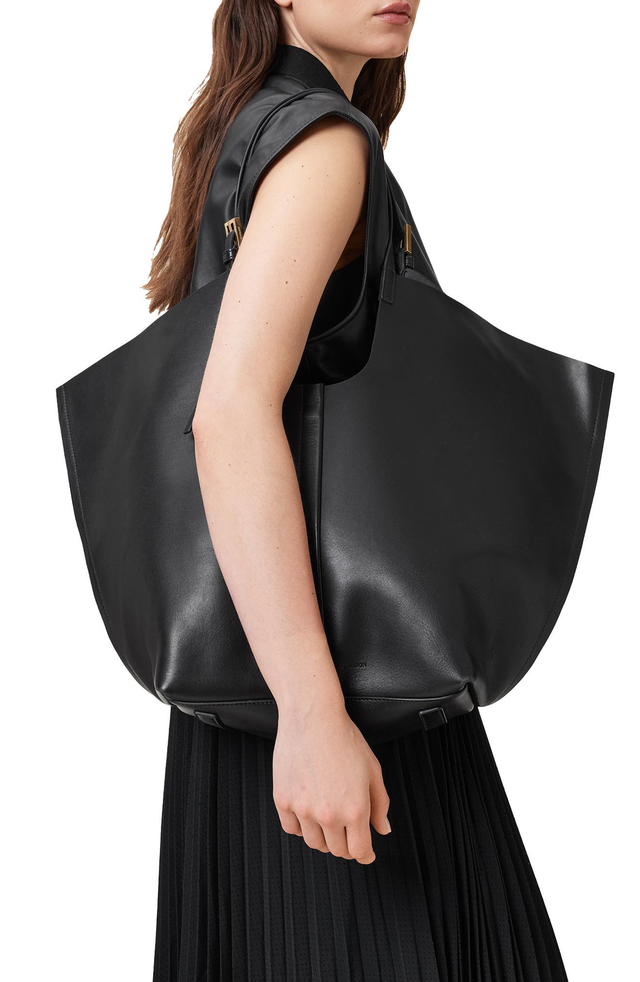 AllSaints Ara East West Leather Tote, Alternate, color, Black