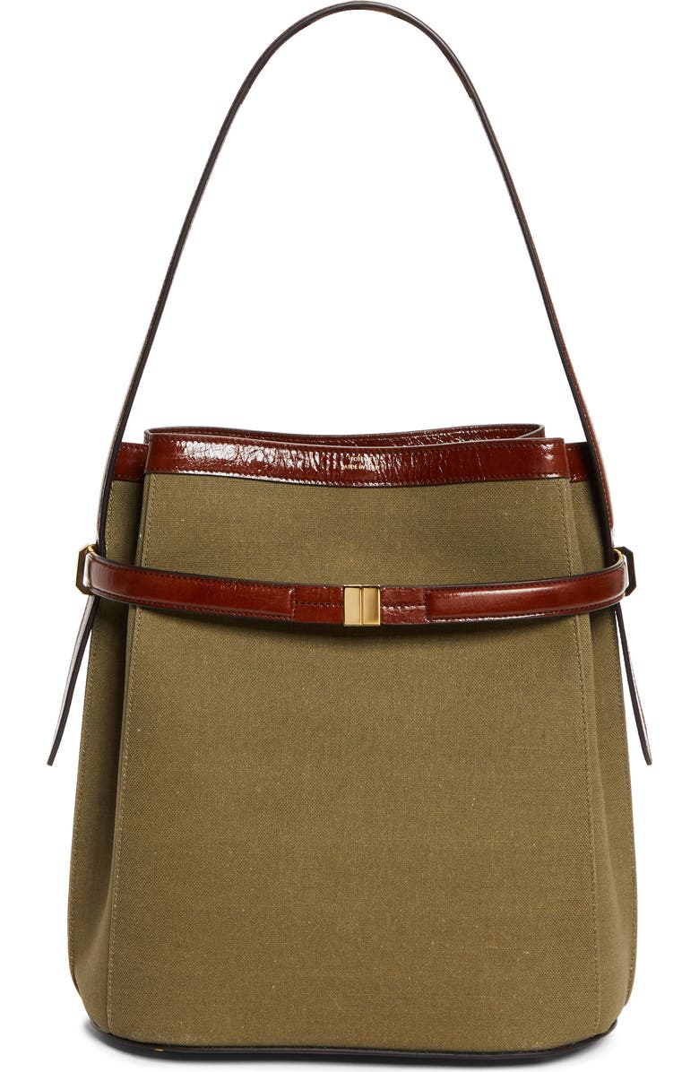 TOTEME Belted Cotton & Linen Blend Canvas Bucket Bag, Main, color, Khaki Green