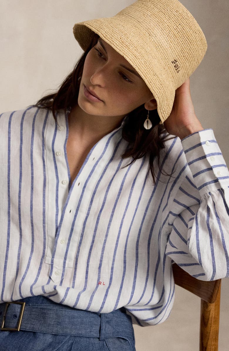 Polo Ralph Lauren Stripe Long Sleeve Linen Shirt, Alternate, color, White-Royal