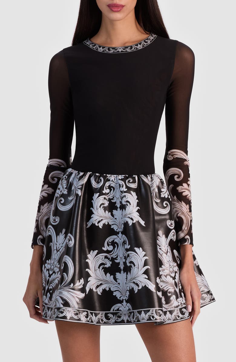 Alice + Olivia Chara Tapestry Print Long Sleeve Faux Leather Dress, Main, color, Winters Tale
