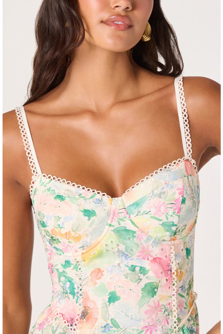 Birdie Floral Eyelet Scallop Trim Minidress, Alternate, color, GREEN PINK FLORAL