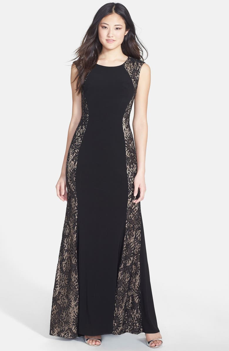 Xscape Evenings Xscape Sequin Lace Panel Jersey A-Line Gown, Main, color,