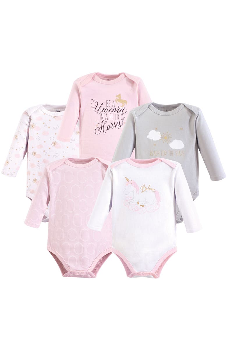 Yoga Sprout Multipack Five Long-Sleeve Bodysuits, Main, color, Unicorn