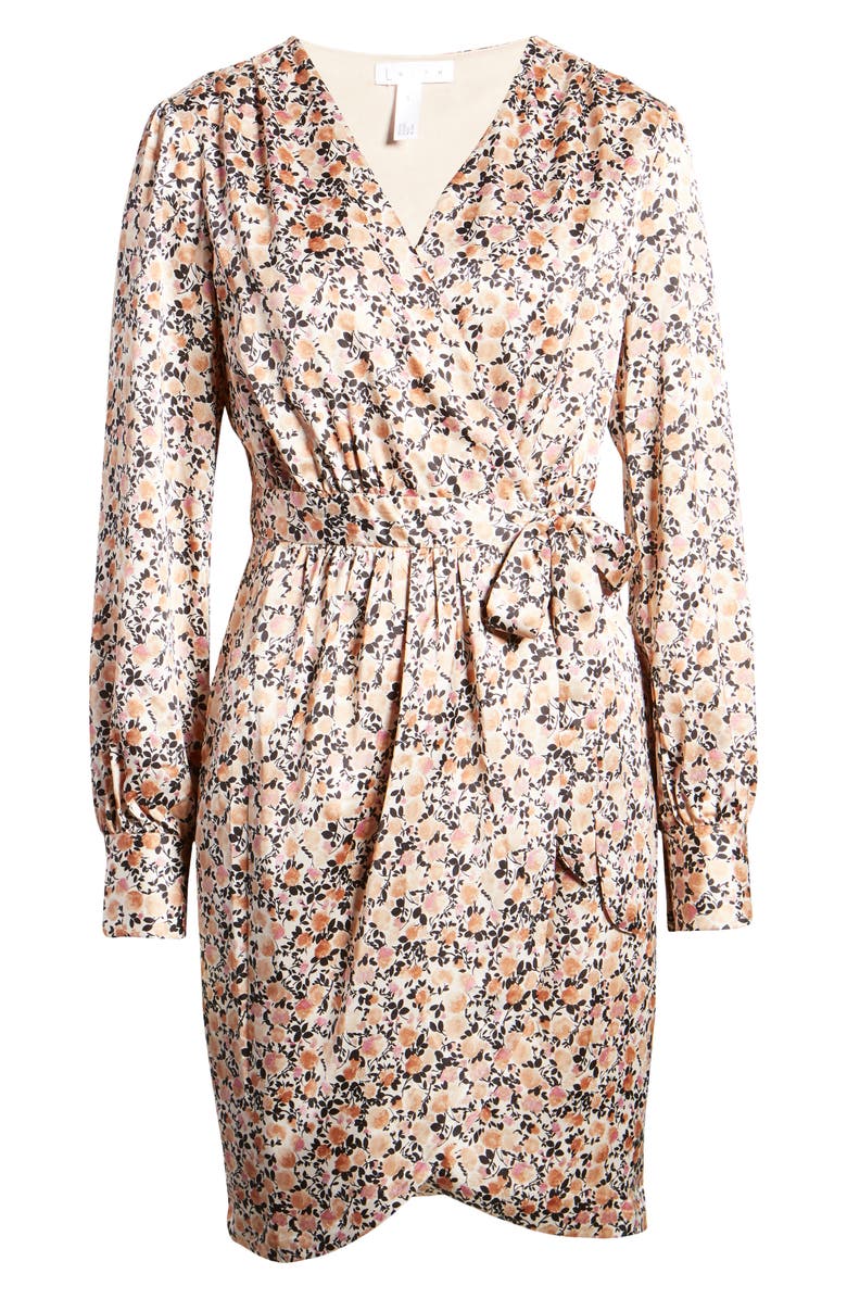 Leith Floral Ditsy Long Sleeve Satin Wrap Dress, Alternate, color, 
