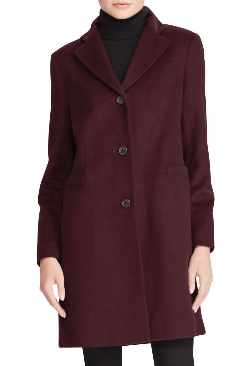Wool Blend Reefer Coat, Main, color, BURGUNDY