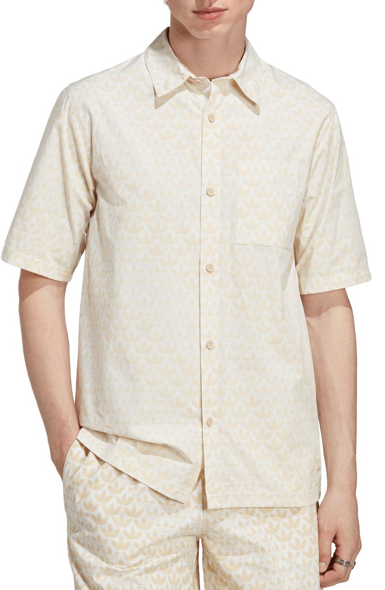 adidas Originals Trefoil Print Short Sleeve Button-Up Shirt, Main, color, 
