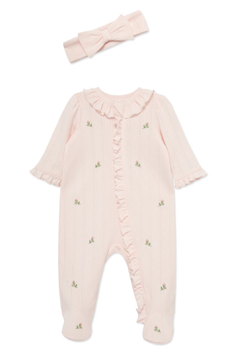 Rosebud Embroidered Pointelle Knit Cotton Ruffle Footie & Bow Head Wrap Set (Nordstrom Exclusive), Main, color, PINK/ WHITE