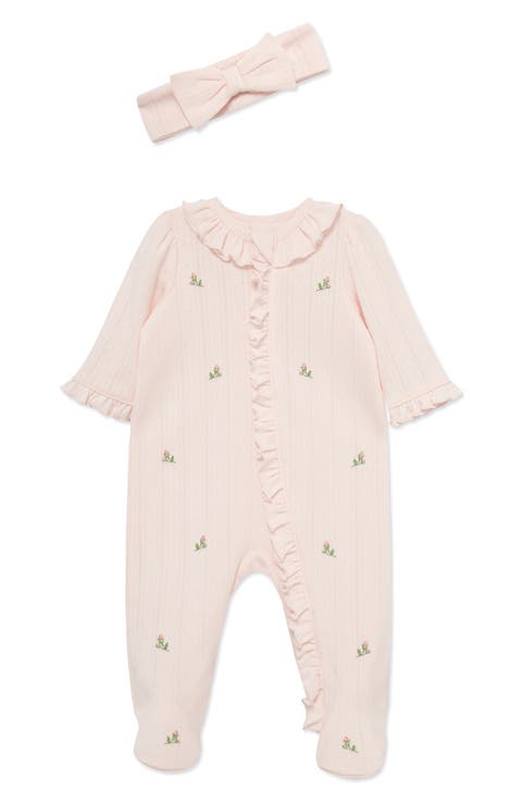 Rosebud Embroidered Pointelle Knit Cotton Ruffle Footie & Bow Head Wrap Set (Nordstrom Exclusive)
