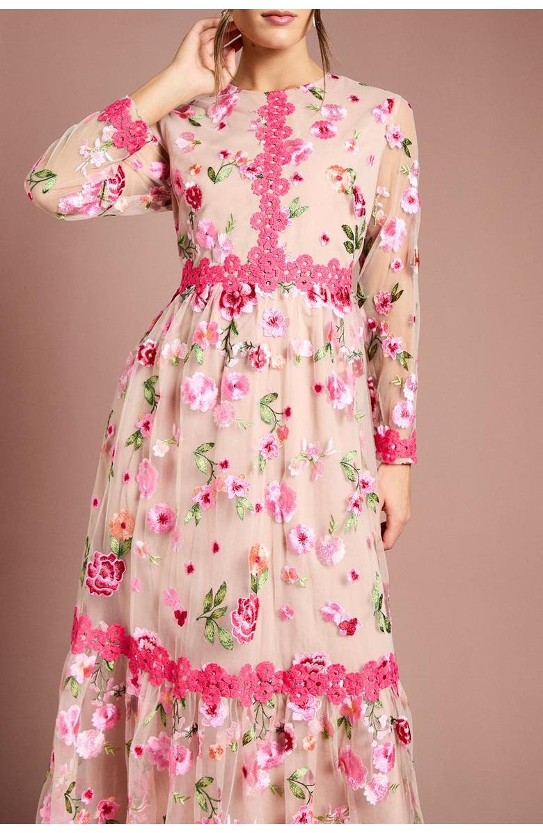 Coast Embroidered Floral Midi Dress, Alternate, color, Nude