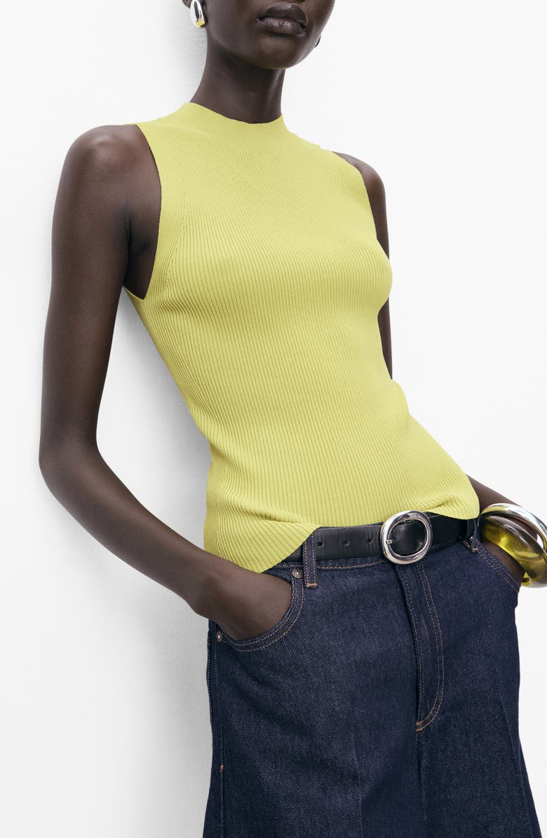 MANGO Mock Neck Sleeveless Rib Sweater, Main, color, Lime
