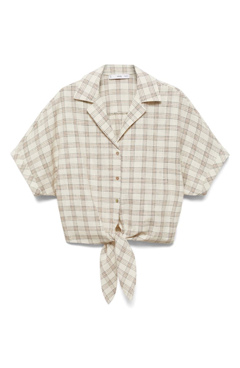 MANGO Check Tie Hem Crop Button-Up Shirt, Alternate, color, Ecru