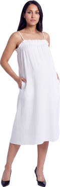 24seven Comfort Apparel Maternity Essential Spaghetti Strap Smocked Pocket A-Line Maxi Dress